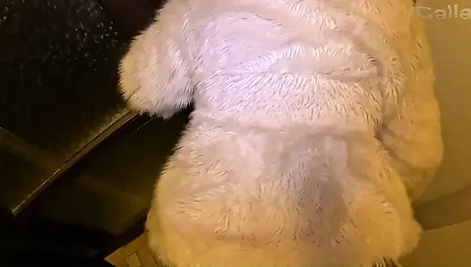 Risky White Fur Coat Blowjob and Doggy Indoors and Out