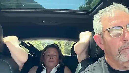 Wife Rubs Out Multiple Orgasms, Road Trip, Back Seat, Teasing Her Man
