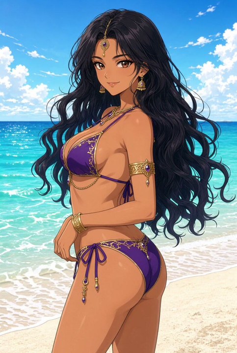 Lilavati Anime Beach Bikini Looking Back Over Shoulder with Flowing Hair