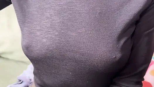Feeling horny while my nipple piercings are glittering through my semi sheer blouse in a public caffe