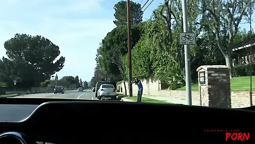 Helly gives a ride to a hot hitchhiker, then sucks him off, rides his cock, and takes his cum