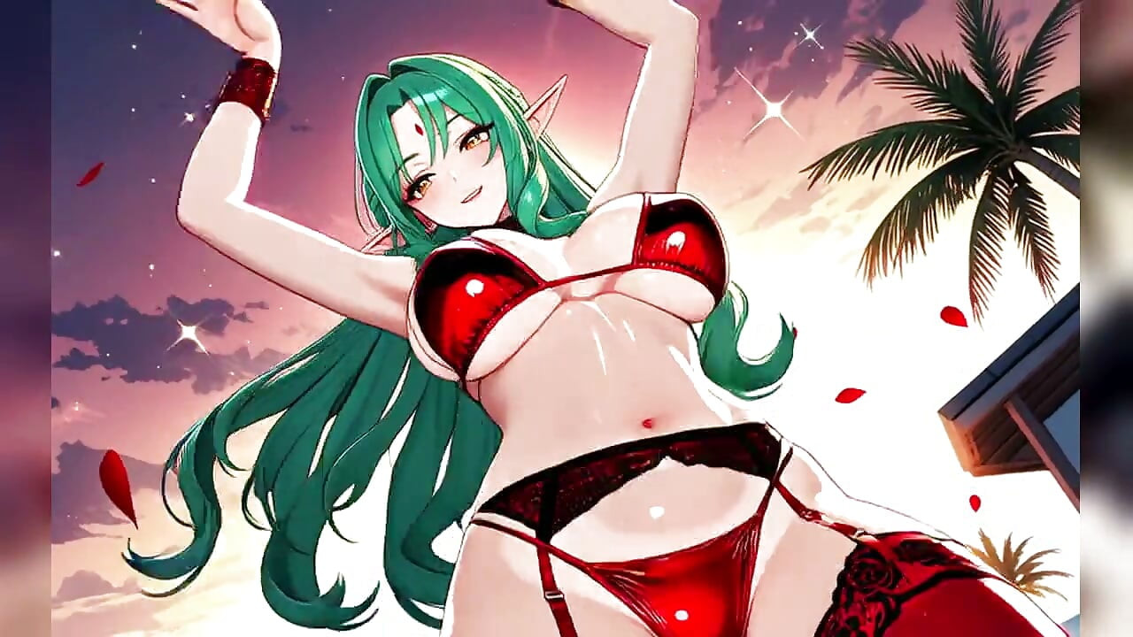 Emerald Braid Elf Ruby Bikini Sunset Dance - Sexy AI Babes