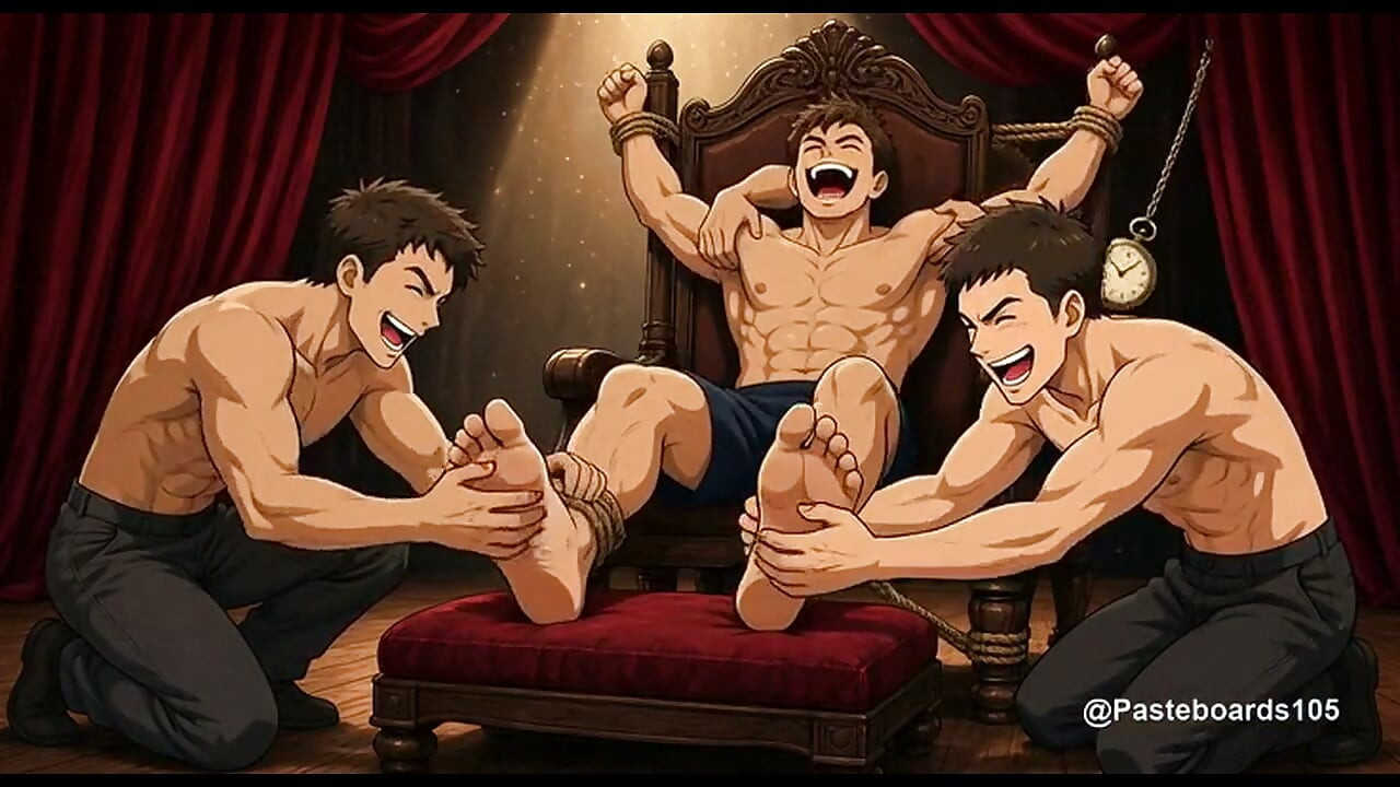 La voluntaria del espectáculo en el escenario - Atada a la silla del escenario, manos en sus axilas y plantas desnudas (anime 2D)