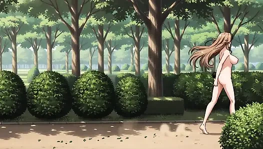 Uzun saçlı genç kadın parkta çıplak koşuyor