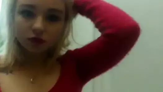 Lovely tender charming homemade striptease in a red sweater