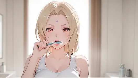 Üvey anne Tsunade yanlışlıkla üvey oğlunun büyük penisini gördü ve karşı koyamadı. Hentai tarzında tsunade cosplay