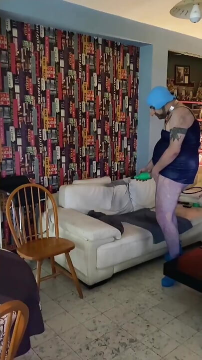 Dirty sissy whore in blue outfit playing hard ass to mouth sex