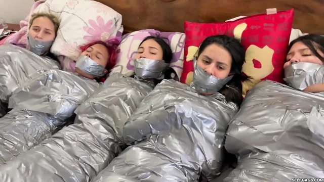 5 Mummified Girls Struggle All Wrapped up and Gagged!