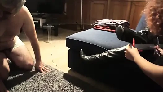 Three femdom girls love to play with their slaves