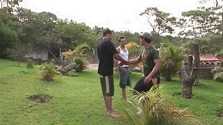 Hot outdoor threesome sex between sexy horny gays