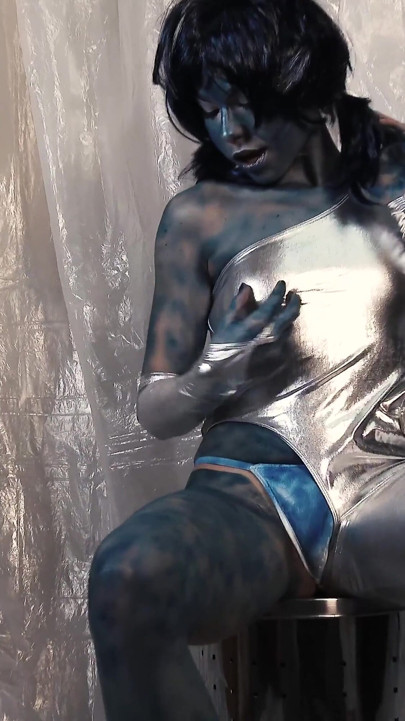 357 Rebeka Black with Blue Airbrush with Wig