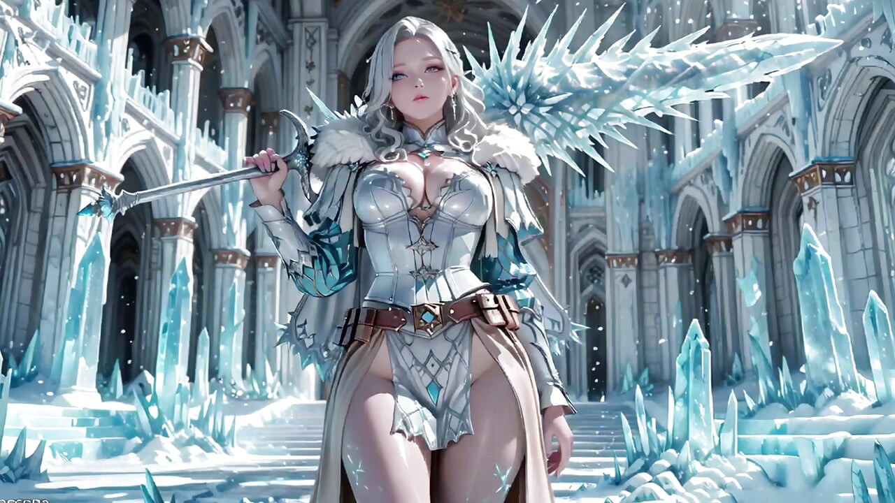 Silver-Haired Ice Queen! Kneeling in the Frozen Castle, her cold armor hides so many secrets. Hand on chest, biting lips...