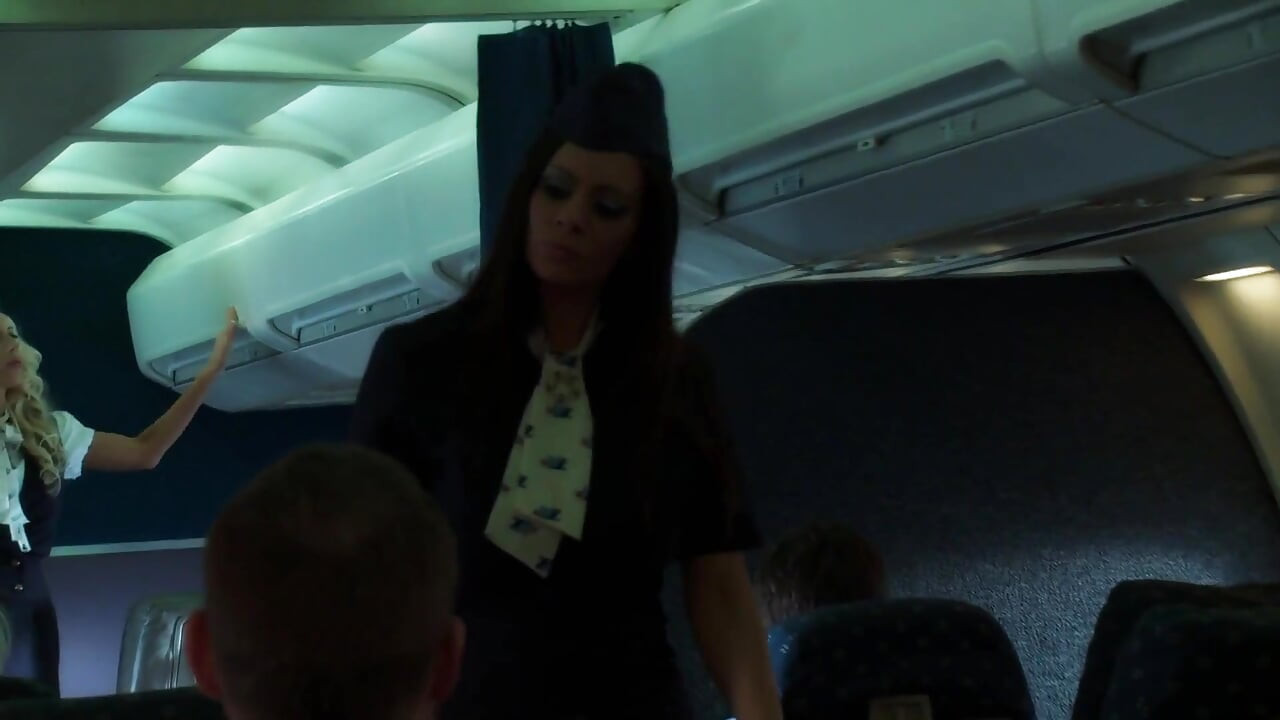 Lucky hunk gets to fuck two hot passenger babes on board an aeroplane
