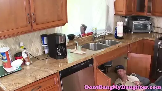Amateur teen doggystyled by older plumber guy