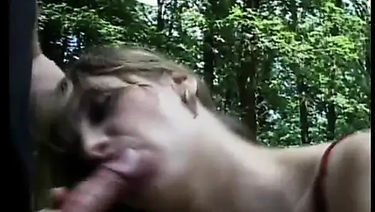 Horny slut teen sucking cock and swallowing outside