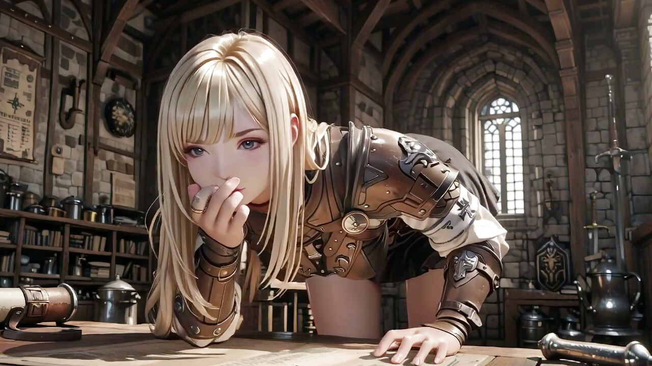 Blonde Knight's Private Awakening! Kneeling in the castle courtyard.