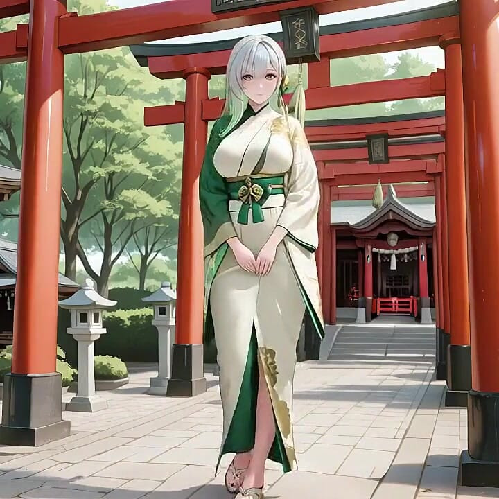 Silver-haired Shrine Maiden Secrets! Languidly Reclining in a Red Corridor, Her Bare Shoulders and Lush Thighs Exposed