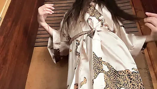 Stepsister's naked friend in a sexy robe