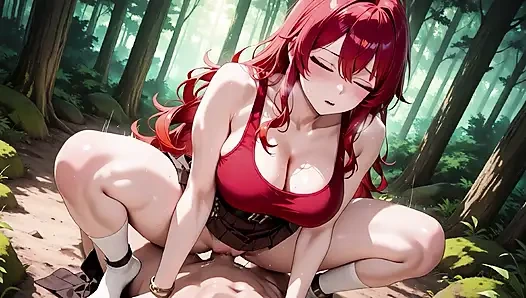 Огненная рыжая бомба, страстный трах в лесу - юбка и белые чулки, текущий