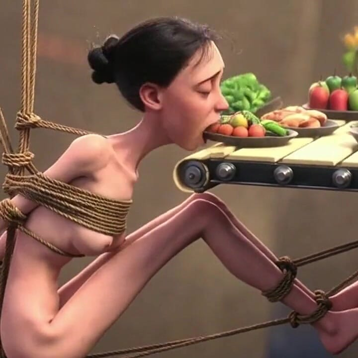 Skinny Girl in Rope Bondage - Non-stop Feeding Session