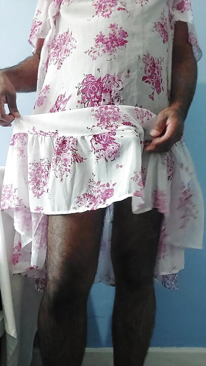 I'm dancing while masterbating in my Pink flowers Silk Seethrough Chiffon Frock