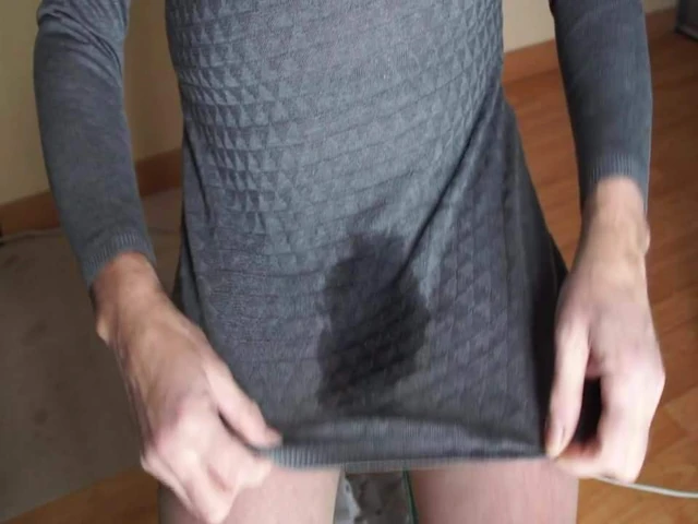 grey dress , pantyhose and whaite pantie piss