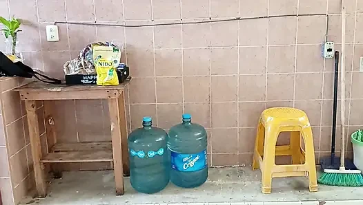 Chubby Stepmother Washes and Cleans the Kitchen