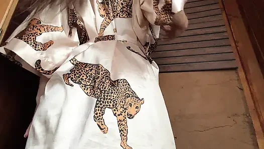 Stepsister's naked friend in a sexy robe