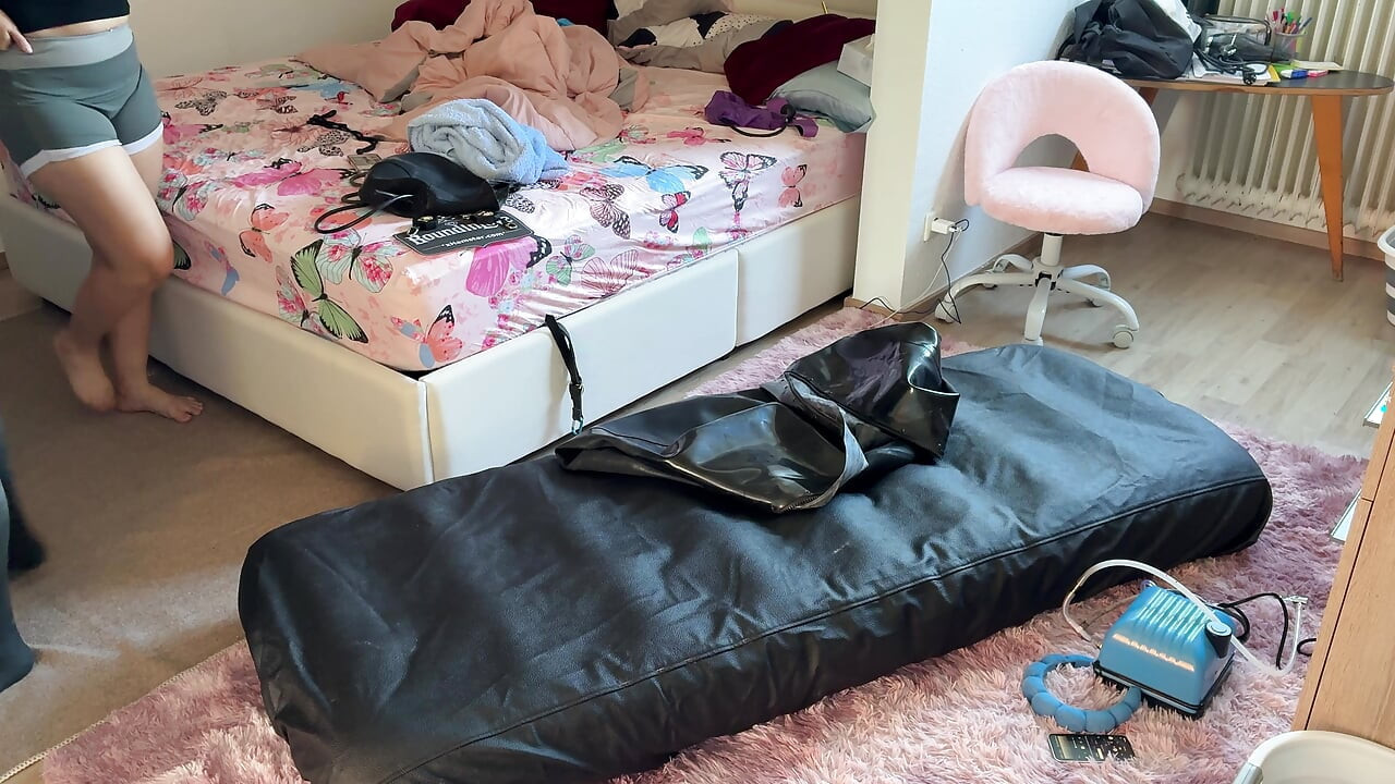 Wife drives her husband to orgasm with ESTIM in Inflatable Full Body Latex Bondage Bag. Restricted Breathing - Gagged  Butt Plug
