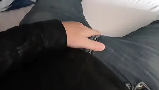Collared fag cums on leather jacket