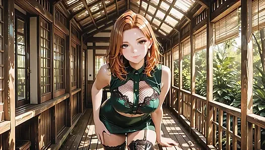 Seductive Redhead in Green Lace Shiny Boots Spreads Wide for Deep Creampie in Japanese Tatami Room – Dripping Cum Over Fishnets!