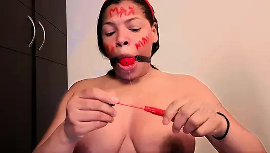 Body writing BICH BDSM I WRITE ON MY WHORE BODY, BDSM AND 4 COCKS FUCK MY SLAVE THROAT, I PAINT GIANT PENISES ON MY FACE