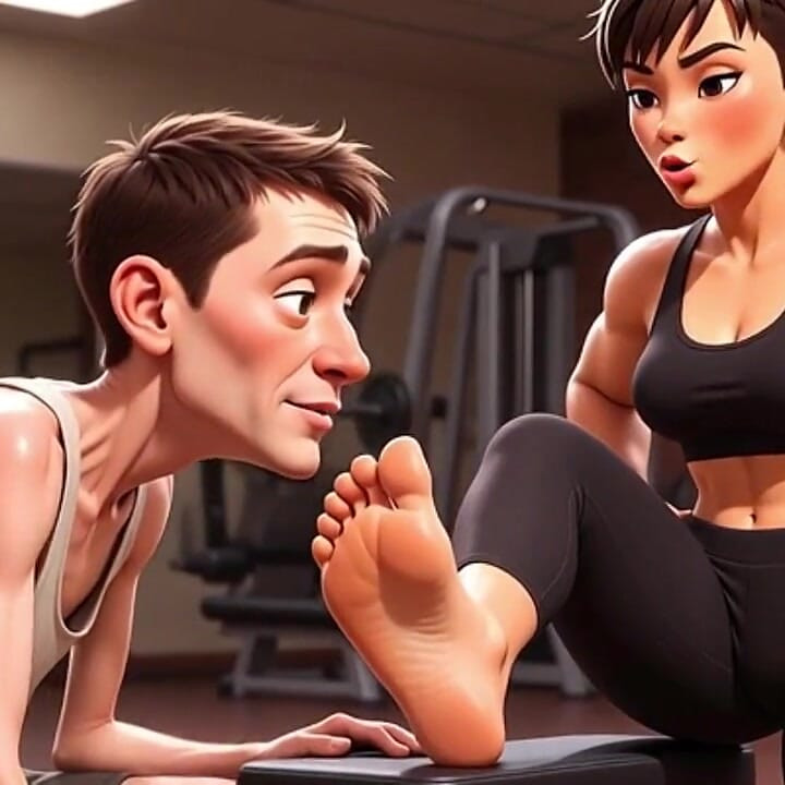 Mujer fuerte y musculosa hace que la esclava flaca se lame los pies
