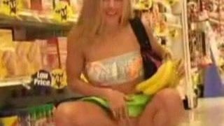 Blonde with dildo, cucumber and banana