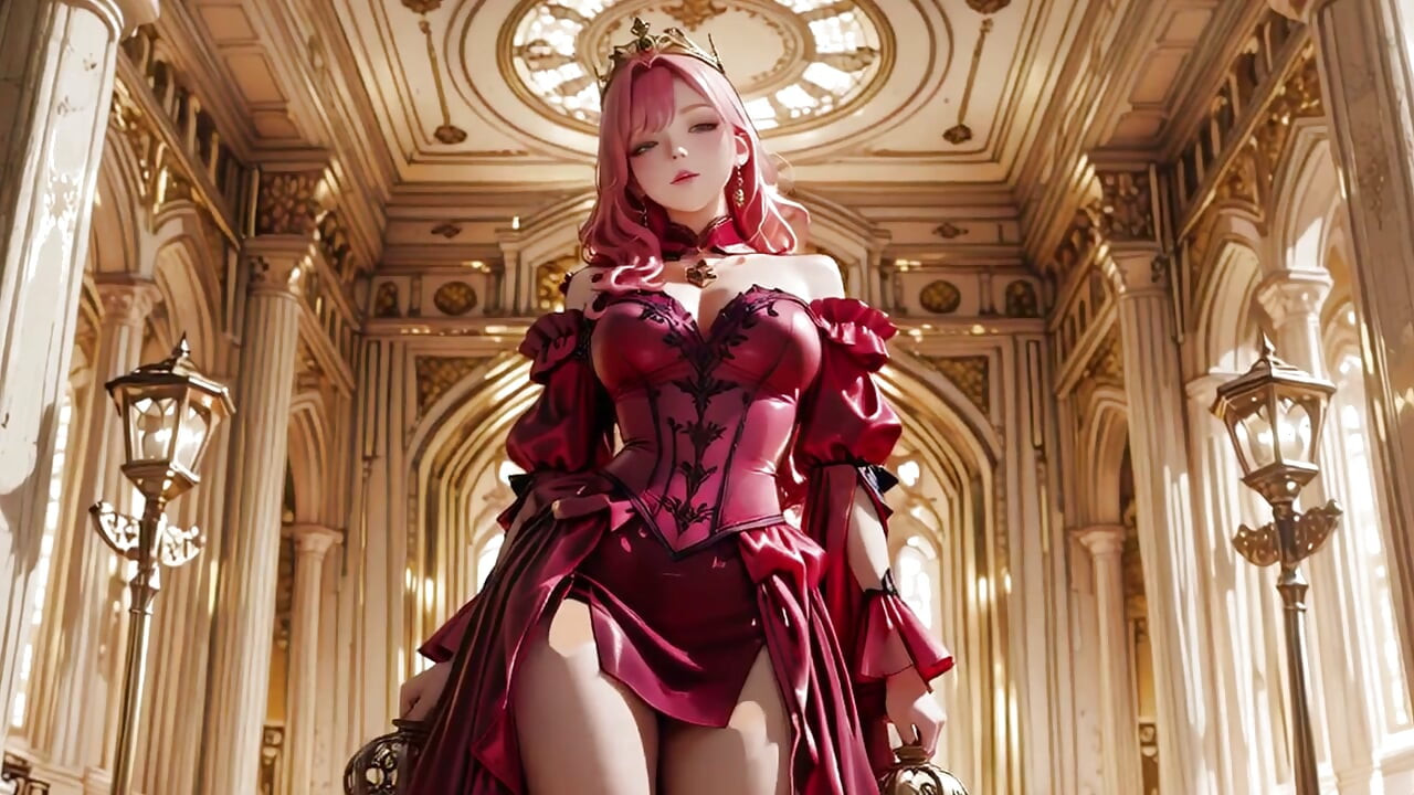 The Pink Queen's Coronation! Deep red silk, golden goblet, and a lazy gaze from the throne. Pure fantasy.