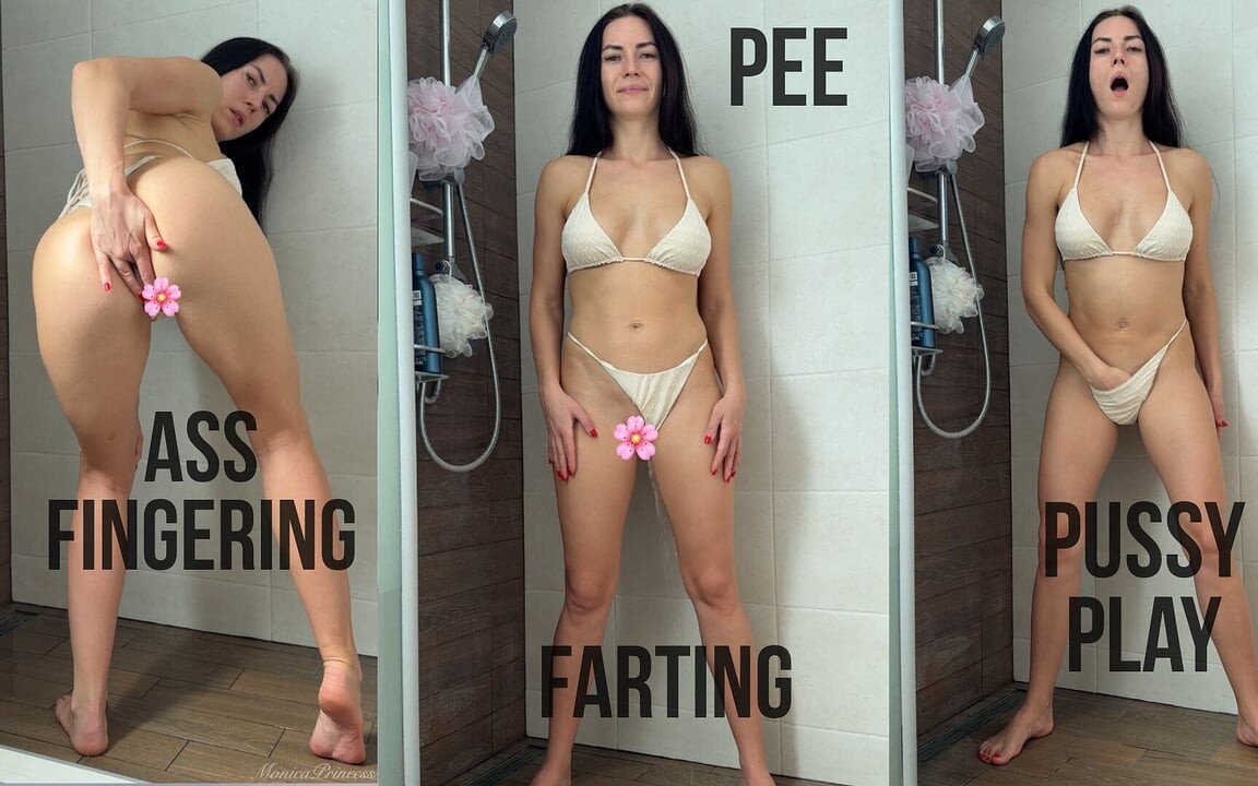Onani og orgasme i bikini, tisse, fis, rumpe-fingring, skitten prat