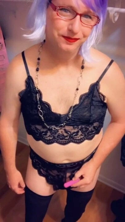 Black lace lingerie and pink bullet Pantyluvn sissy