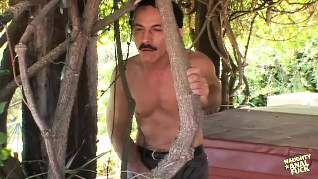 Slutty brunette invites the peeping gardener over and takes his cock up her ass outdoors