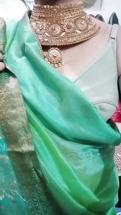 Indian Crossdresser Bottom Gaurisissy Pressing and Playing with Her Big Boobs in Blue Saree Real Homemade Sex