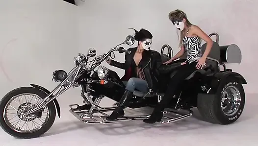 Slutty French babes sharing big dildo on the bike