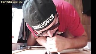 Gloryhole real DILF sucks cock at home till cum in mouth