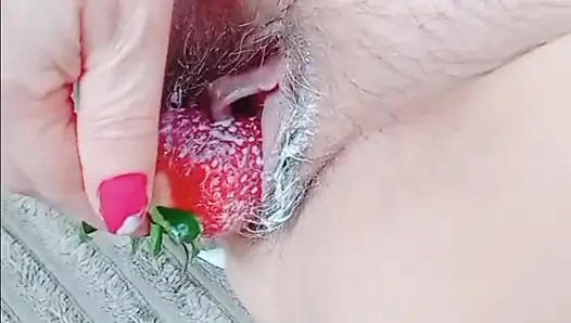 Sabrinahole, strawberry,, banana, sour cream and a new giant toy, inside her juicy peach