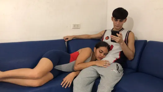WHY IS THE BROWN STEP-SISTER LYING ON THE STEP-BROTHER'S LEGS? - real homemade sex my latina brunette stepsister