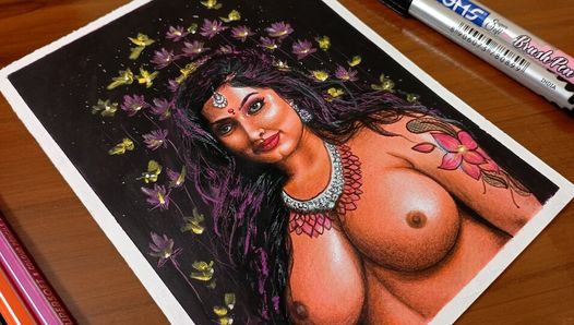 Erotische kunst of tekening van sexy Desi Indische milf vrouw genaamd "betoverde"