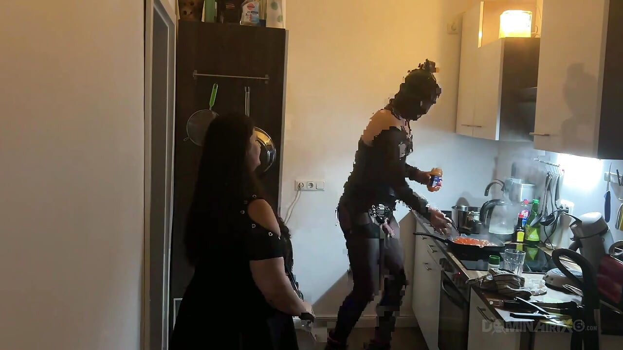 Dominant MILF Stretches Latex Sub's Ass Wide in Kitchen