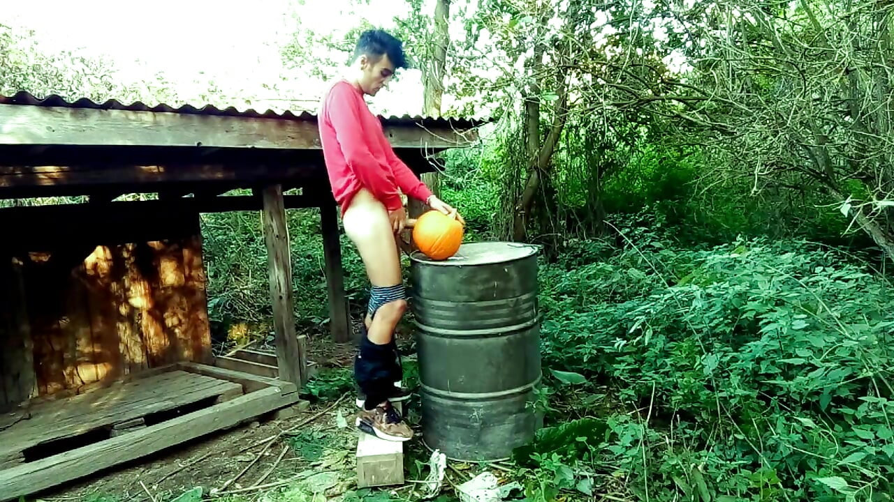 Twink Is Hard Fucking a Pumpkin in the Garden