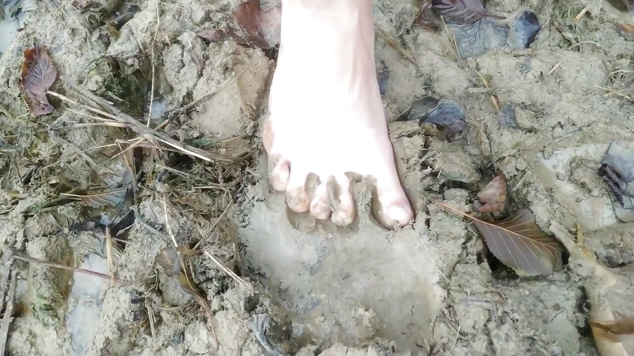 Stepping in Mud Barefoot - Dirty Feet and Jerk off and Stepping on Own Cum at the End