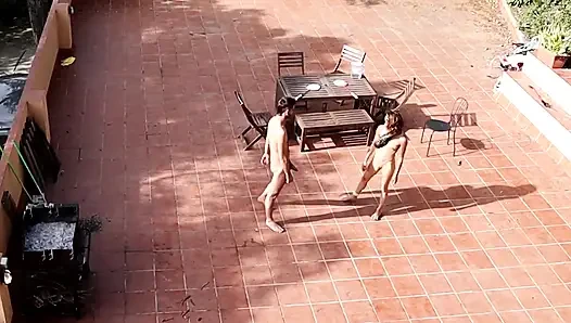 Couple Playing and Fucking in the Courtyard, Outside