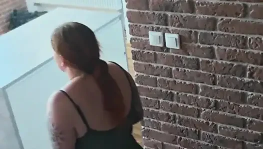 Busty Businesswoman Pees on the Kitchen Table