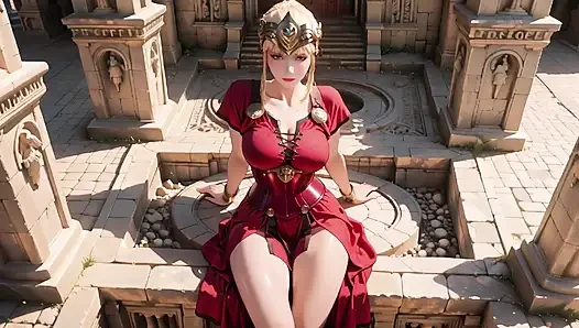Red Armor Queen! Forbidden Gaze in the Roman Corridor, Skirt Lift Reveal, Hand on Lips Teasing You...